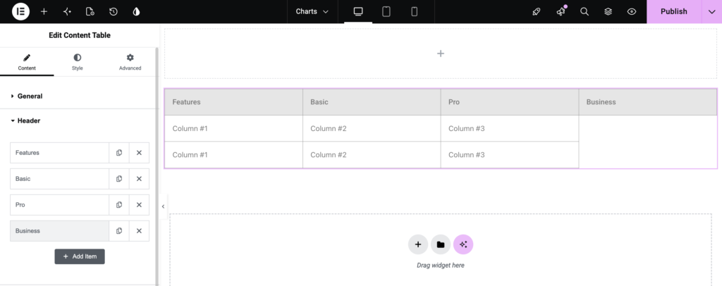 add header items in table
