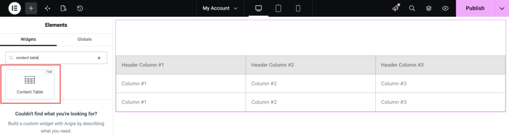 add the content table element