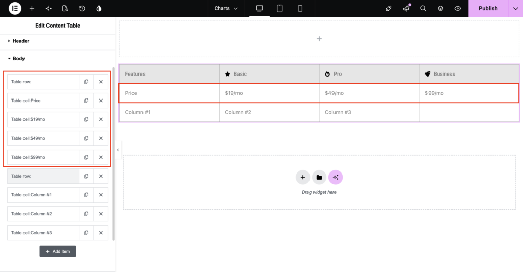 creating first row of table