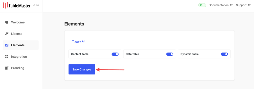 enable the content table element